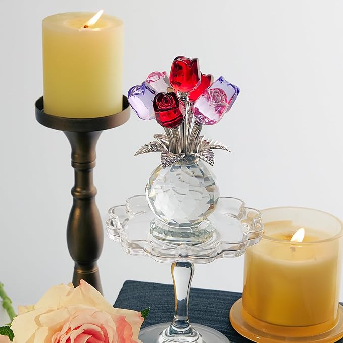 Crystal Rose Bouquet Flower Figurine Pink Purple and Red Flower Ornaments Gift for Lover