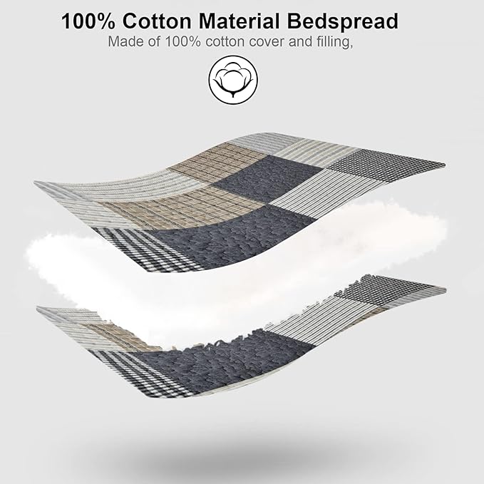 PANGUSHAN 100% Cotton Quilt Set King Size,Patchwork Plaid Bedding Bedspreads,Farmhouse Lightweight Comforter Reversible Quilt,White/Gray/Grey/Tan/Black/Cream Bed Spread King,3 Pieces