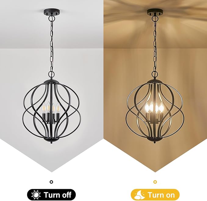 Modern Black Chandelier for Dining Room, 4 Lights Geometric Chandeliers, Sphere Chandelier Industrial Large Pendant Light Fixtures Hanging for Kitchen, Entryway, Foyer, Stairs