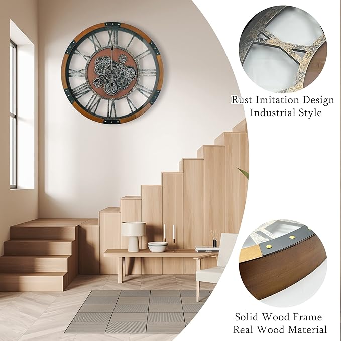 24 Inch Moving Gear Wall Clock, Oversized Wall Clocks, Clock Living Room Decor, Solid Wood Frame, Battery Operated, Large Wall Clock with Steampunk Industrial for Fireplace(Machilus)