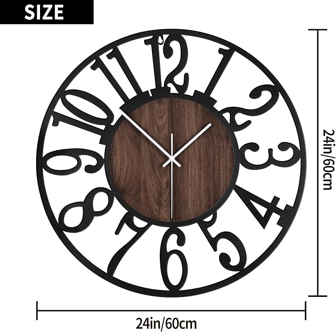 1st owned Large Wall Clock for Living Room Decor- 24" Decorative Antique Silent Non Ticking,Battery Operated,Black Metal,Wood Clocks for Farmhouse,Dining Room,Bedroom,Kitchen - Arabic Numerals