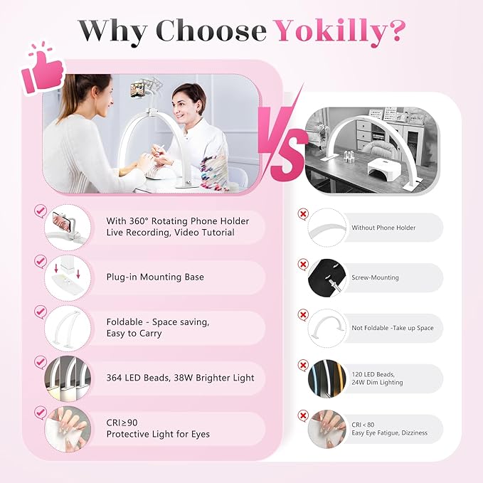 Yokilly Half Moon Light for Nail Desk: 29" Foldable Half Moon Desk Lamp with Phone Holder for Beginner - Arch Nail Tech Light with 3 Color Modes & 10 Brightness for Manicure Salon (White, Large)