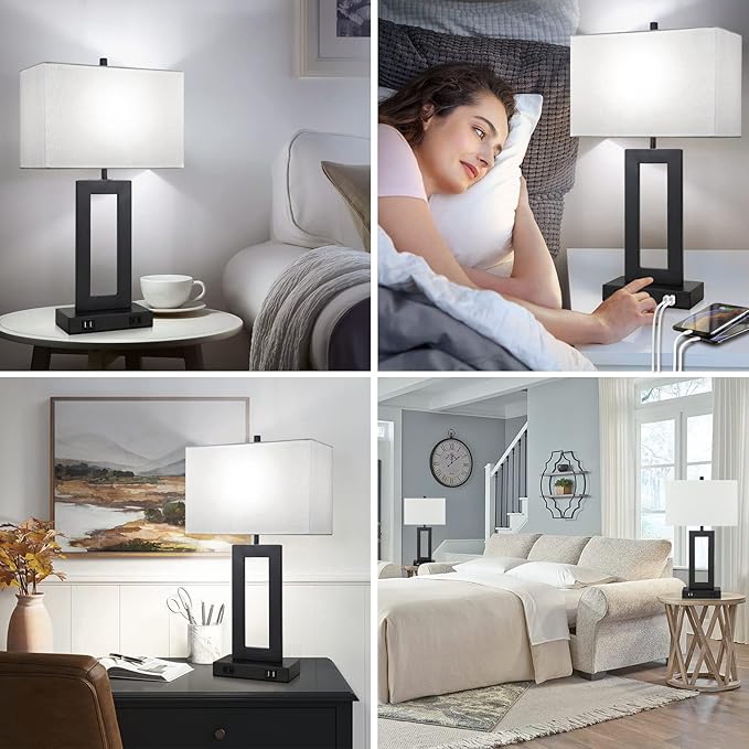 Set of 2 Modern Touch Control Table Lamps with 2 USB Ports, 22’’ Large Bedside Nightstand Lamps 3-Way Dimmable Desk Lamp with White Fabric Shade for Bedrooms Living Room Reading, 2 LED Bulbs Included