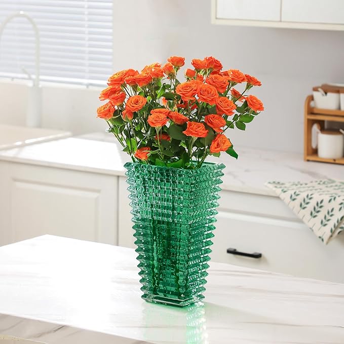 MCMCNCUIU Crystal Glass Vase, Large Crystal Vases for Flowers, Large Flower Vase, Green Modern Vases for Living Room, Bedroom, Kitchen, Dining Table, Mantle, Wedding, 11 Inches