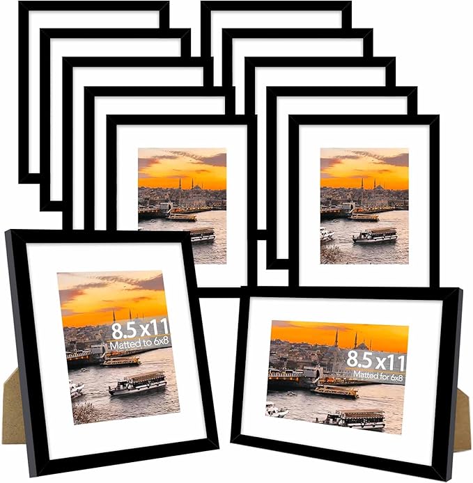12 Packs 8.5 by 11 Picture Frames, Display 6x8 with Mat or 8.5x11 Without, for Award Certificate Diploma Document, 8.5 x 11 Frames Bulk Set of 12 Photo Frames Set for Wall and Tabletop, Black