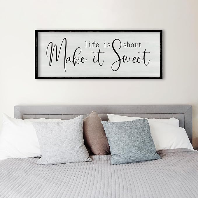 ZZJJHYWGQ Life is Short Make It Sweet Sign Wall Decor 32"×12" for Living Room Bedroom Family Lnspirational Quote Wall Art (Black)