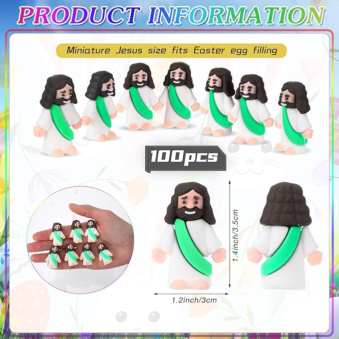 Bememo 100 Pcs Jesus Toys Original Design Mini Rubber Little Jesus Figurine to Hide and Seek Religious Party Favors Sunday School Craft Baptism Gifts for Easter Egg Stuffers(Green)