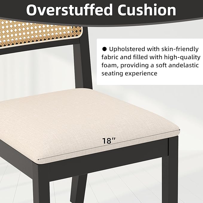 Westice Rattan Dining Chairs Set of 2, Farmhouse Natural Dining Room Chairs with Upholstered Cushion, Wood Armless Chairs for Kitchen/Restaurant, Black