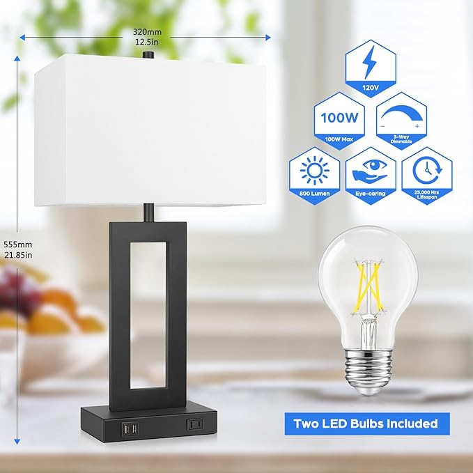 Set of 2 Modern Touch Control Table Lamps with 2 USB Ports, 22’’ Large Bedside Nightstand Lamps 3-Way Dimmable Desk Lamp with White Fabric Shade for Bedrooms Living Room Reading, 2 LED Bulbs Included