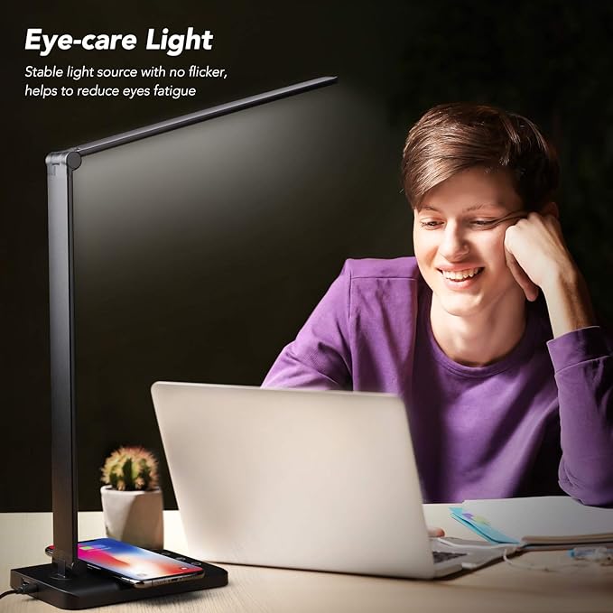 LED Desk Lamp with Wireless Charger, USB Charging Port, Night Light, 5 Color Modes, 10 Brightness, Eye Caring Reading Table Lamp for Home Office, Touch Control, Auto-Timer, Adapter Included