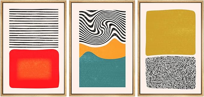 SIGNWIN Framed Canvas Print Wall Art Set Mid-Century Color Blocks & Spirals Abstract Shapes Illustrations Modern Art Contemporary Minimal Ultra for Living Room, Bedroom, Office - 24"x36"x3 Natural