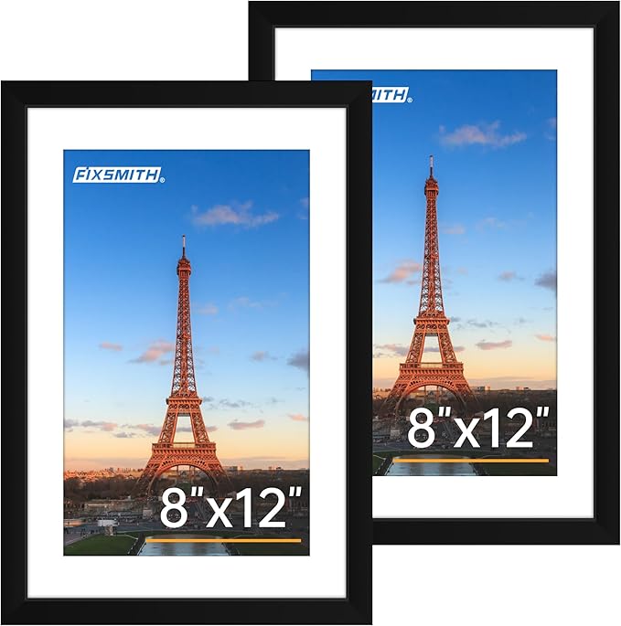 FIXSMITH 10x12 Picture Frame Set of 2, Photo Frame with HD Plexiglass, Display Pictures 7x9 with Mat or 10x12 Without Mat, Black Picture Frames Collage Wall Decor, Gallary Wall Frame
