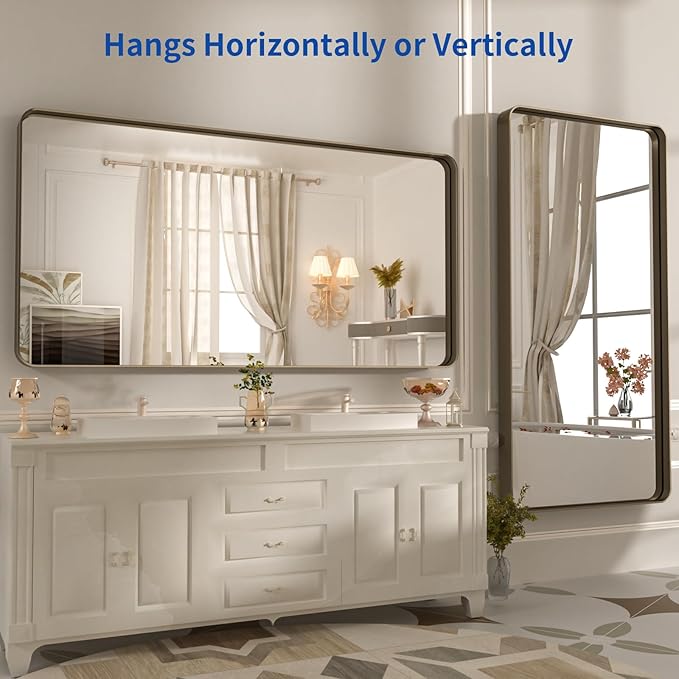 WEER 60x36 Inch Bronze Bathroom Mirror for Vanity, Brushed Bronze Metal Frame Mirror for Wall, Rounded Rectangle Bronze Frame Mirror with Tempered Glass, Anti-Rust (Horizontal/Vertical)
