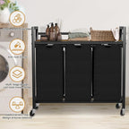 Laundry Hamper, Laundry Basket, Laundry Sorter with 3 Removable Bags, Clothes Basket with 3 Compartments, Wheels, Shelf for Laundry Room Bathroom Bedroom (3 Bags-Black)