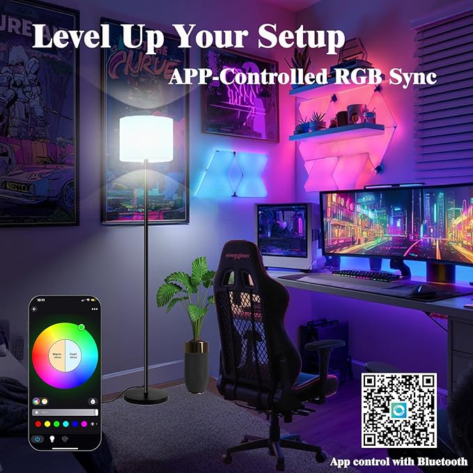 Smart Floor Lamp with APP & Remote Control - Dimmable RGB & White Light (3000K-6500K) for Living Room, Bedroom, Office - Modern Standing Lamp with 9W LED Bulb Included