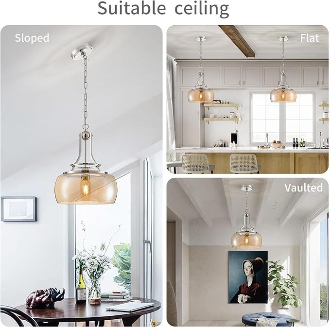 WUZUPS Nickel Chandelier Rustic Farmhouse Industrial Round Ceiling Pendant LED Light Fixture with Amber Glass Shade for Dining Room Kitchen Island Foyer Entryway, H 17" W 13.4", E26 Base