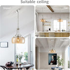 WUZUPS Nickel Chandelier Rustic Farmhouse Industrial Round Ceiling Pendant LED Light Fixture with Amber Glass Shade for Dining Room Kitchen Island Foyer Entryway, H 17" W 13.4", E26 Base