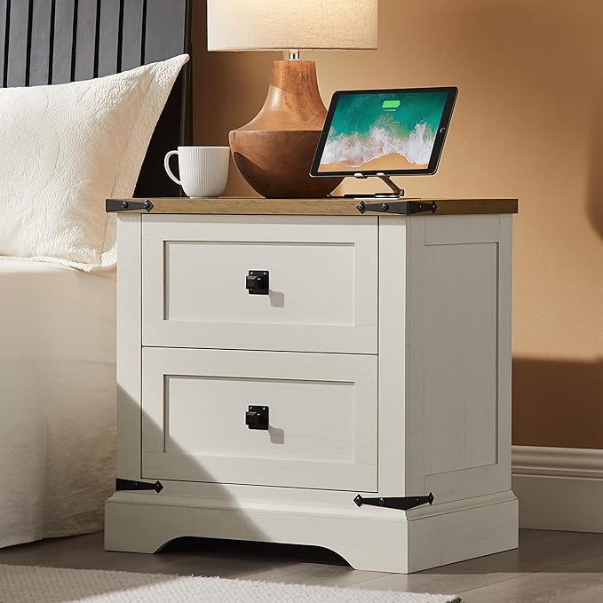T4TREAM 24" Farmhouse Nightstand with Charging Station Set of 2, Large End Table with 2 Storage Drawers, Rustic Wood Sofa Bedside Table for Bedroom, Antique White