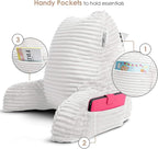 Nestl Reading Pillow with Portable Lap Desk Stand for Laptop 22x14”, Cut Plush Striped Back Pillow, Back Support Pillow, Shredded Memory Foam Bed Rest Pillow with Arms for Kids & Teens, Medium - White