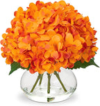 Hollyone Hydrangea Artificial Flowers in Vase Orange Silk Fake Flowers Arrangements with Glass Vase with Faux Water Faux Floral Bulk Bouquet for Office Table Centerpiece Shelf Home Decoration