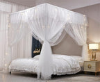 VETHIN 4 Corners Post Ruffle Princess Bed Canopy Curtain-Double Layer Cozy Drape Netting 4 Opening Mosquito Net for Girls Adults Bedroom Decoration (White/White, 78" W*86" L*82"*H/(King))