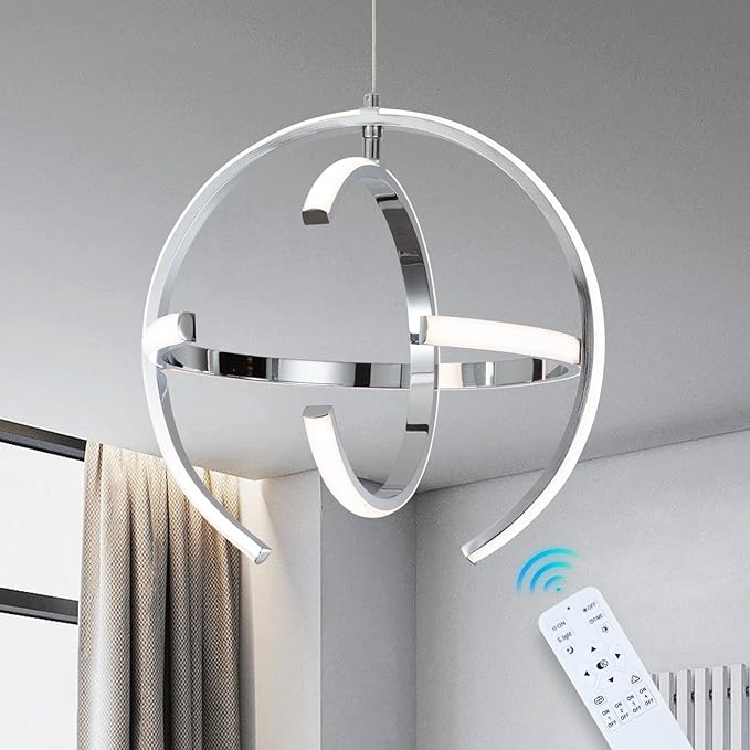 Chrome Modern LED Pendant Light, Silver Dimmable Metal Globe Chandelier, Hanging Ceiling Light Fixture for Room Dining Bedroom Living Room Kitchen Island Hallway Entryway Foyer 13 Inch