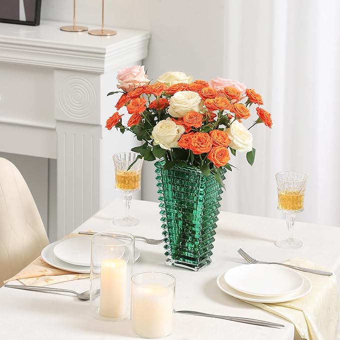 MCMCNCUIU Crystal Vase, Large Crystal Vases for Flowers, Green Large Flower Vase, Modern Glass Vases for Living Room, Bedroom, Kitchen, Dining Table, Mantle, Wedding, 9 Inches