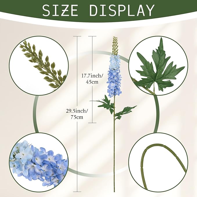 Blue Delphinium Artificial Flowers,6PCS Larkspur Silk Fake Flowers 29.5" Long Stem Faux Hyacinth Flowers for Tall Vase Wedding Home Garden Decor (Blue)