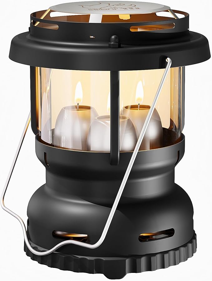 3-Wick Emergency Candle Lantern for Power Outages [18H+ Burning Time] Vintage Decorative Candle Lantern for Real Candles, Outdoor Portable Camping Survival Lighting [7.1"*5.7" - Matte Black]