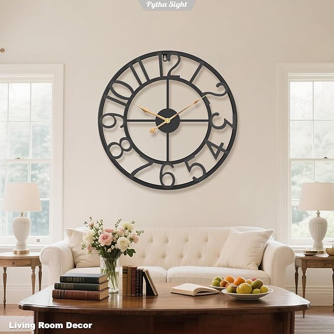 24 Inch Large Oversized Farmhouse Modern Decorative Wall Clock for Living Room,Silent Industrial Big Arabic Numerals Vintage Metal Round Wall Clocks for Kitchen,Dinng Room,Office