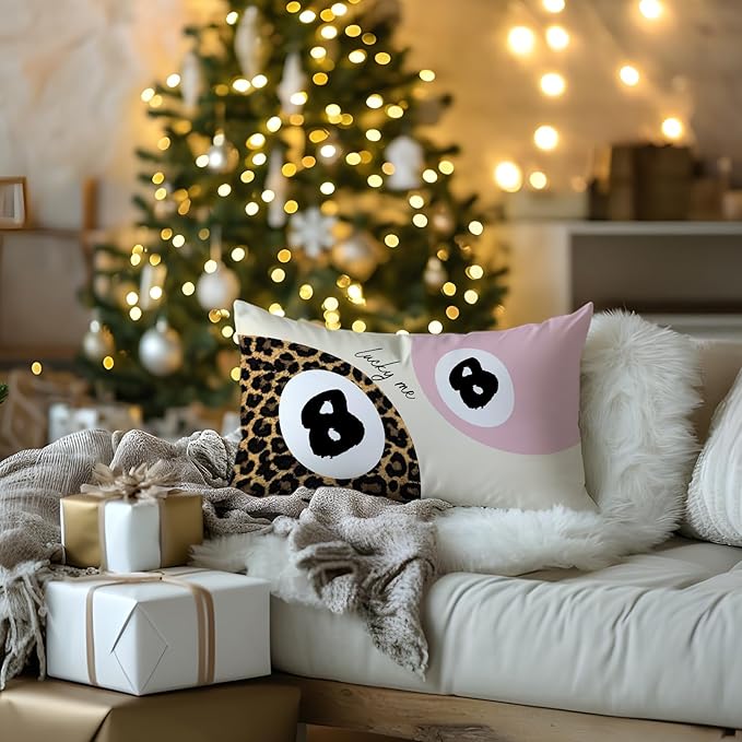 Trendy Leopard Lucky 8 Ball Pillow Covers 20x12, Cheetah Leopard Print Room Decor, Funky Preppy Leopard and Black Billiards Decorative Throw Pillow Covers for Girls Dorm Apartment，Set of 2