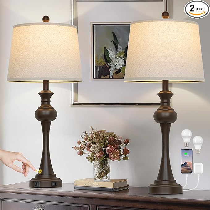 29" Brown Table Lamps Set of 2, Tall Bedside Lamps with USB C+A Ports, 3-Way Dimmable Touch Table Lamp, Nightstand Lamps for Bedroom,Modern Brown Lamps with Beige Lampshade, Bulbs Included