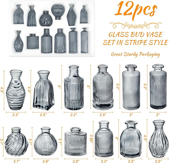 Bud Vases Set of 12, Black Vase Small Glass Vases for Flowers Modern Ribbed Amber Glass Bud Vase for Decor Flower Vase in Bulk Vintage Decor Boho Wedding Centerpieces Rustic Home Table Decoration