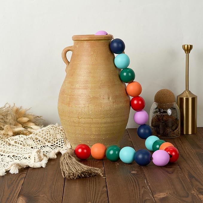 OMISHE Extra Large Wood Bead Garland Colorful with 1.6" Diameter Wooden Beads and Tassels, 41" Long Rustic Farmhouse Country Decorative Beads for Home Tiered Tray Decor, Colorful