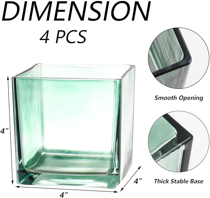 Square Glass Vases Set of 4, 4"x 4"x 4" Flower Vases for Centerpieces, Green Glass Vase for Flowers, Small Vase for Wedding, Party, Home Office Decoration