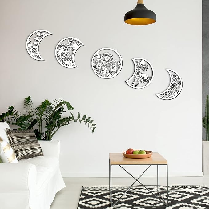 Jetec 5 Pcs Moon Phase Wall Hanging Decor Art Above Bed 10.6" H Boho Moon Phase Wood Wall Pediment Ornament for Living Room Bedroom Home Decoration Room Apartment Bar(White)
