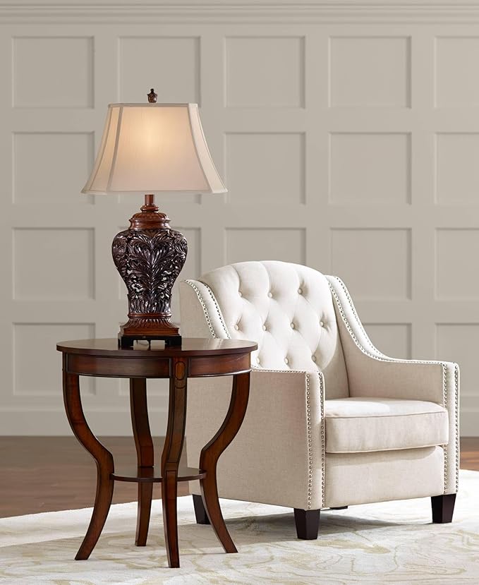 Barnes and Ivy Traditional Table Lamps 32.5" Tall Set of 2 Bronze Brown Carved Leaf Openwork Vase Tan Rectangular Shade Decor for Living Room Bedroom House Bedside Nightstand Home Office