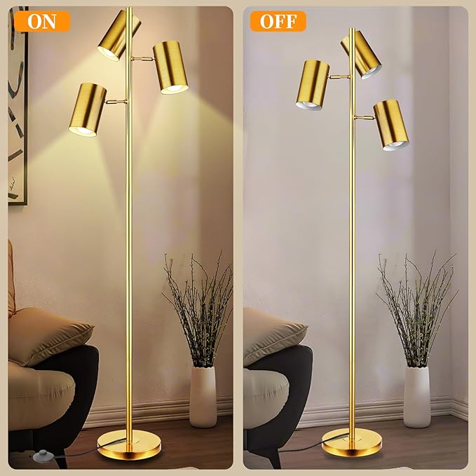 Tree Floor Lamp with 3 Light Bulbs,Gold Standing Tall Pole Lamp with 3 Adjustable Rotating Lights,Farmhouse Floor Lamp for Living Room Bedroom Office,Vintage Standing Lamp 9W E26 LED Bulbs Included