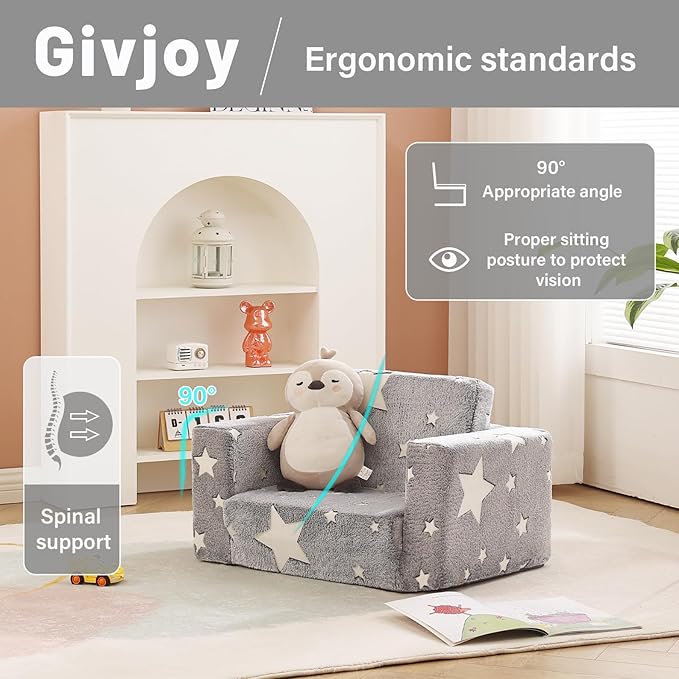 Toddler Chair Plush Kids Couch, 2-in-1 Comfy Armchair Removable and Washable Cover Carrying Handle, Convertible Reading Chair Toddler Couch for Girls and Boys, Glow in The Dark Grey Star