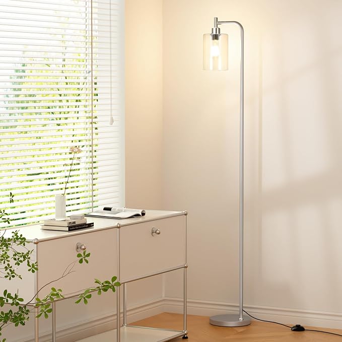 Floor Lamps for Living Room - Industrial Standing Lamp with Glass Shade, Modern Floor Lamp with LED Bulbs, Tall Lamp for Bedroom Office - Brushed Nickel