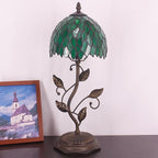 Small Tiffany Lamp Stained Glass Table Lamp Metal Leaf Accent Desk Memory Lamp Sympathy 8X20 Inch (Green Wisteria Leaves Style)