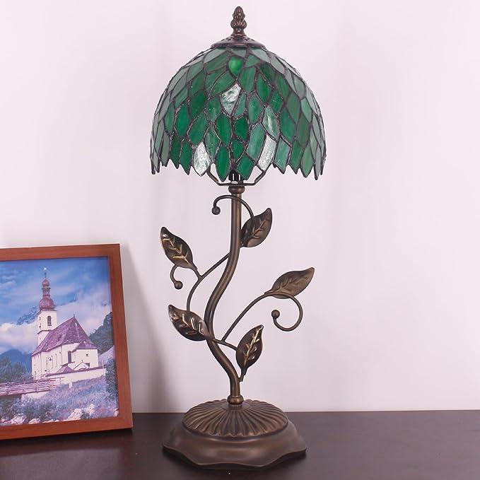 Small Tiffany Lamp Stained Glass Table Lamp Metal Leaf Accent Desk Memory Lamp Sympathy 8X20 Inch (Green Wisteria Leaves Style)