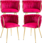 Nrizc Woven Dining Chairs Set of 4, Velvet Upholstered Dining Chairs with Gold Metal Legs, Modern Accent Chairs for Living Room, Dining Room, Kitchen (Rose Red)