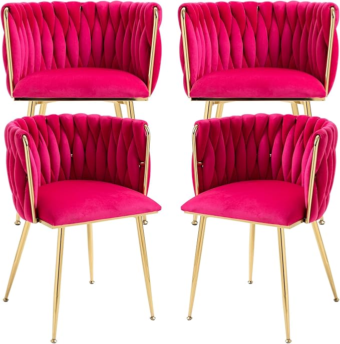 Nrizc Woven Dining Chairs Set of 4, Velvet Upholstered Dining Chairs with Gold Metal Legs, Modern Accent Chairs for Living Room, Dining Room, Kitchen (Rose Red)