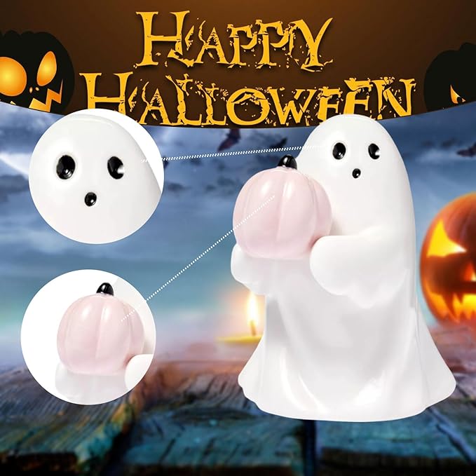 Halloween Ghost Figurine with Holding Pink Pumpkin, Funny Resin Ghost Statue Halloween Decor for Bookshelf, Terrace, Bedroom,Porch and Tabletop