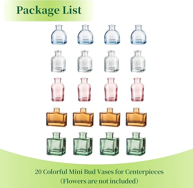 Small Glass Bud Vases for Centerpieces - Hewory 20pcs Colored Sturdy Cute Flower Vases Bulk, Mini Bottle Vase for Wedding Home Decor Birthday Party Events Mother's Day Bridal Shower Gifts Table Decor