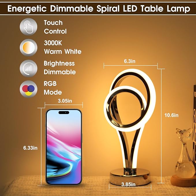 Energetic Modern Spiral Table Lamp, Touch Control Dimmable LED Nightstand Lamp, 7 RGB LED Colors & 10 Light Modes Bedroom lamp, Unique Design Lamps for Home Decor Living Room Bedroom Office