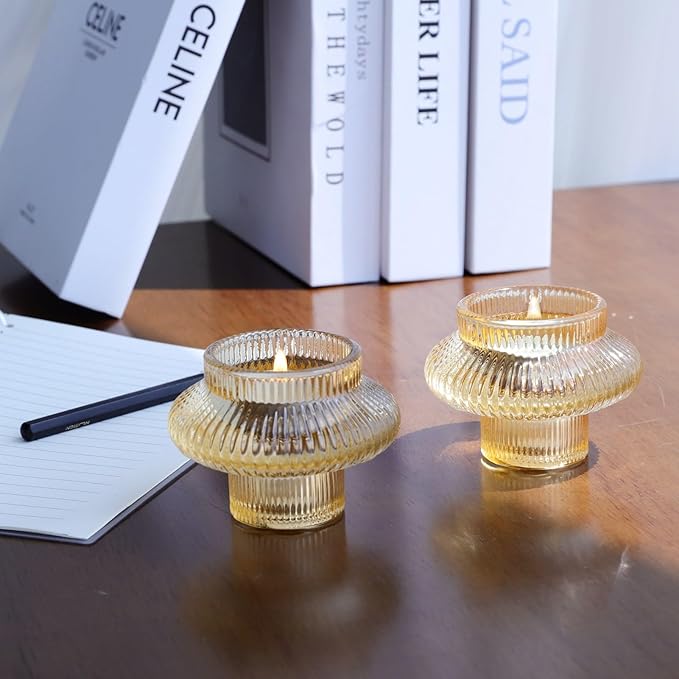 VOHO Champagne Gold Taper Candle Holders for Table Centerpiece, Classic Ribbed Candlestick Holders for Birthday Party Wedding Decor, Versatile Glass Candle Holder for Tealights/Taper Candles(Set of 6)