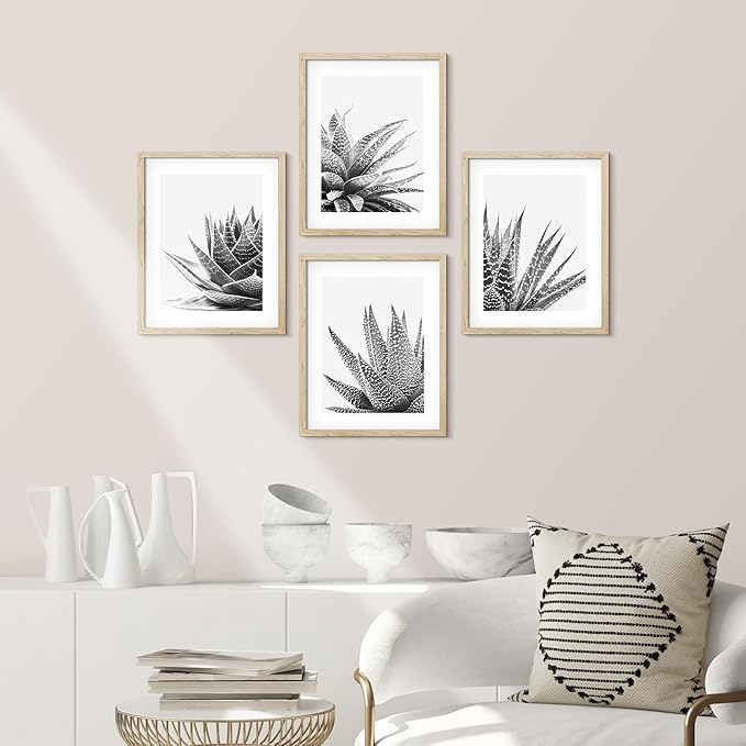 SIGNWIN Framed Black White Snake Plant Agave Cactus Succulent Wall Art, Set of 4 Floral Botanical Wall Decor Prints, Nature Wilderness Wall Décor for Living Room, Bedroom - 12"x16" Natural