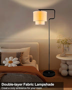 Lightdot 62IN Floor Lamps for Living Room, Modern Standing Tall Lamps with Double Linen Shades, 3000K Arc Bohemian Floor Lamp with Foot Switch for Wedding/Party, Bedroom, Home Office-Black